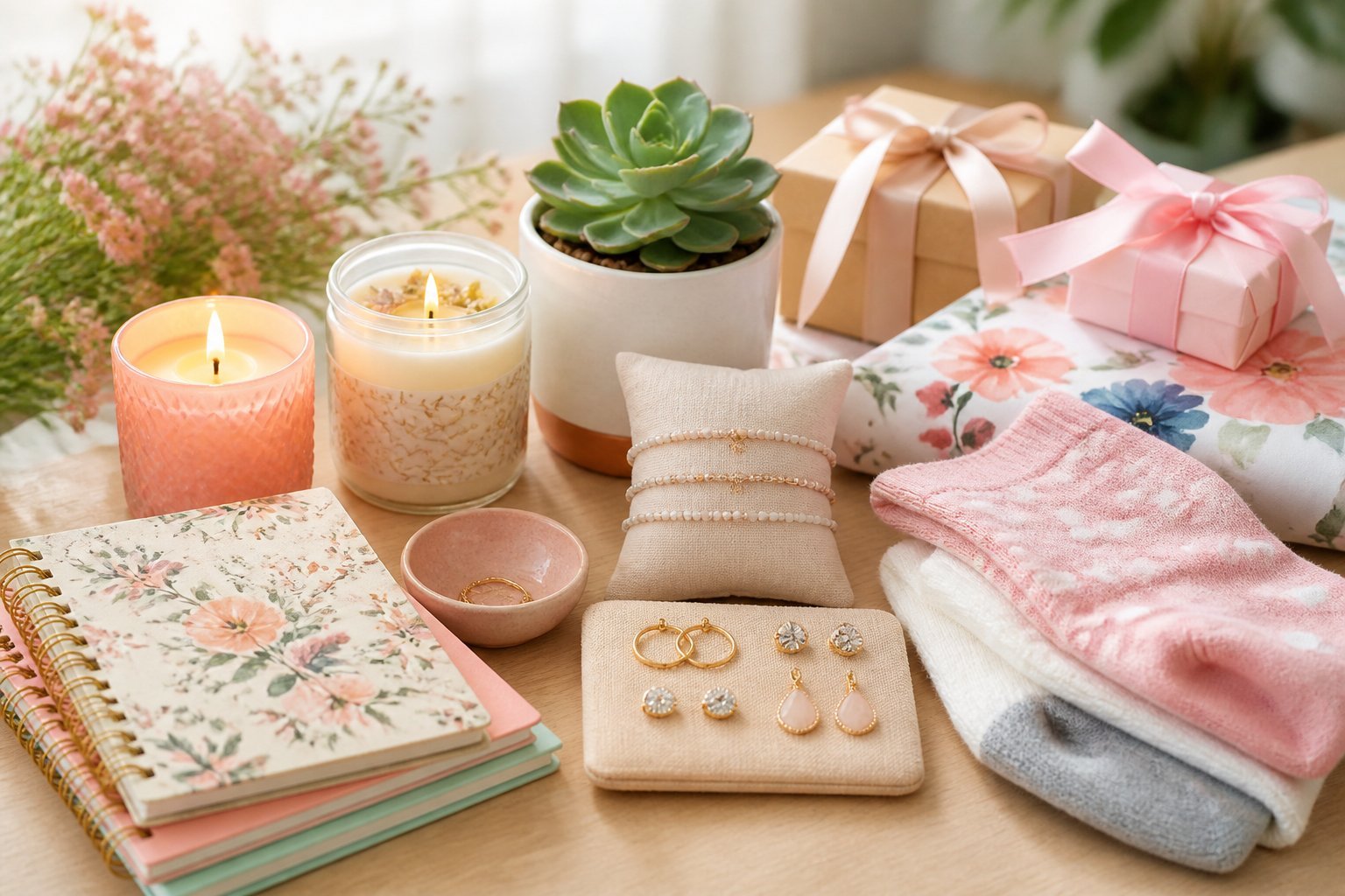 A collection of small, charming gift items for women arranged on a wooden table, including candles, jewelry, notebooks, and socks.