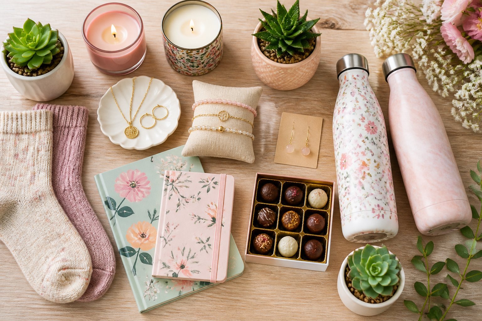 A flat lay of various affordable gift items for women including candles, jewelry, small plants, notebooks, socks, chocolates, and water bottles arranged on a wooden surface.