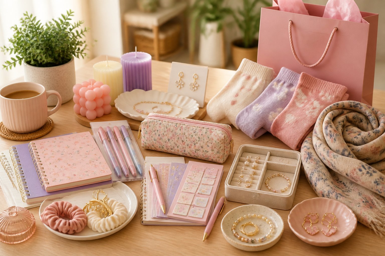 A collection of small, cute gift items for women arranged on a wooden table with soft lighting and cozy background elements.