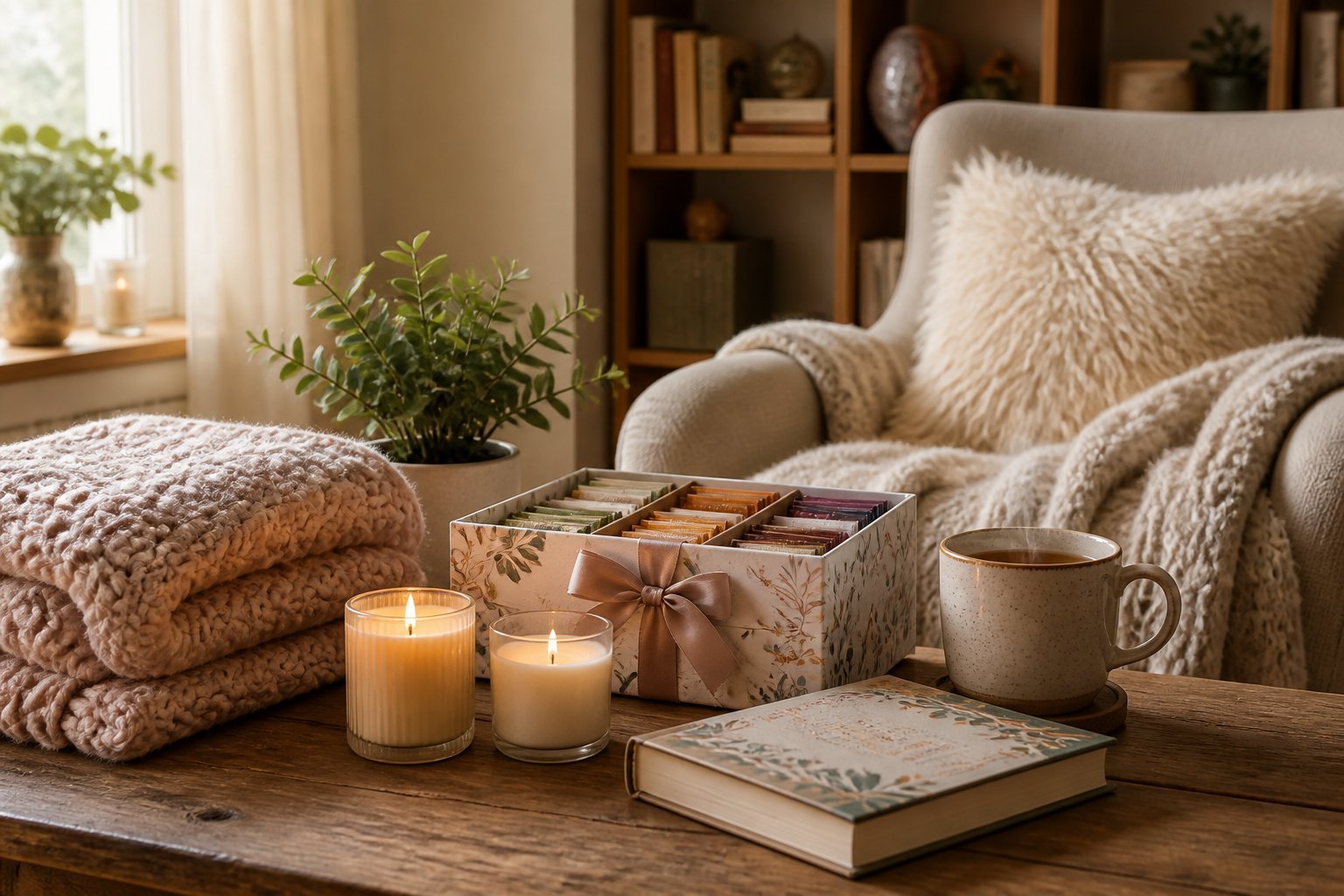 A cozy living room scene with gifts including a knitted blanket, scented candles, tea, a book, a mug, and a potted plant arranged on a coffee table next to a comfortable armchair.