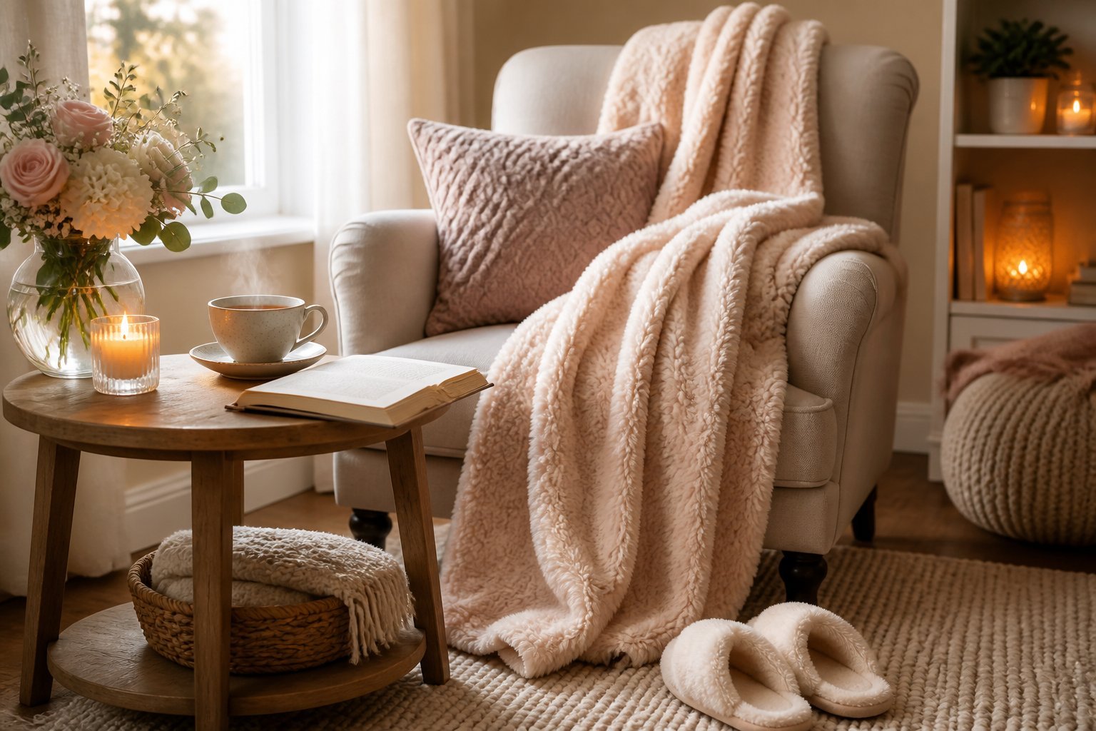 A cozy indoor setting with a plush blanket on an armchair, a cup of tea on a side table, an open book, slippers on a rug, fresh flowers, and a lit candle.