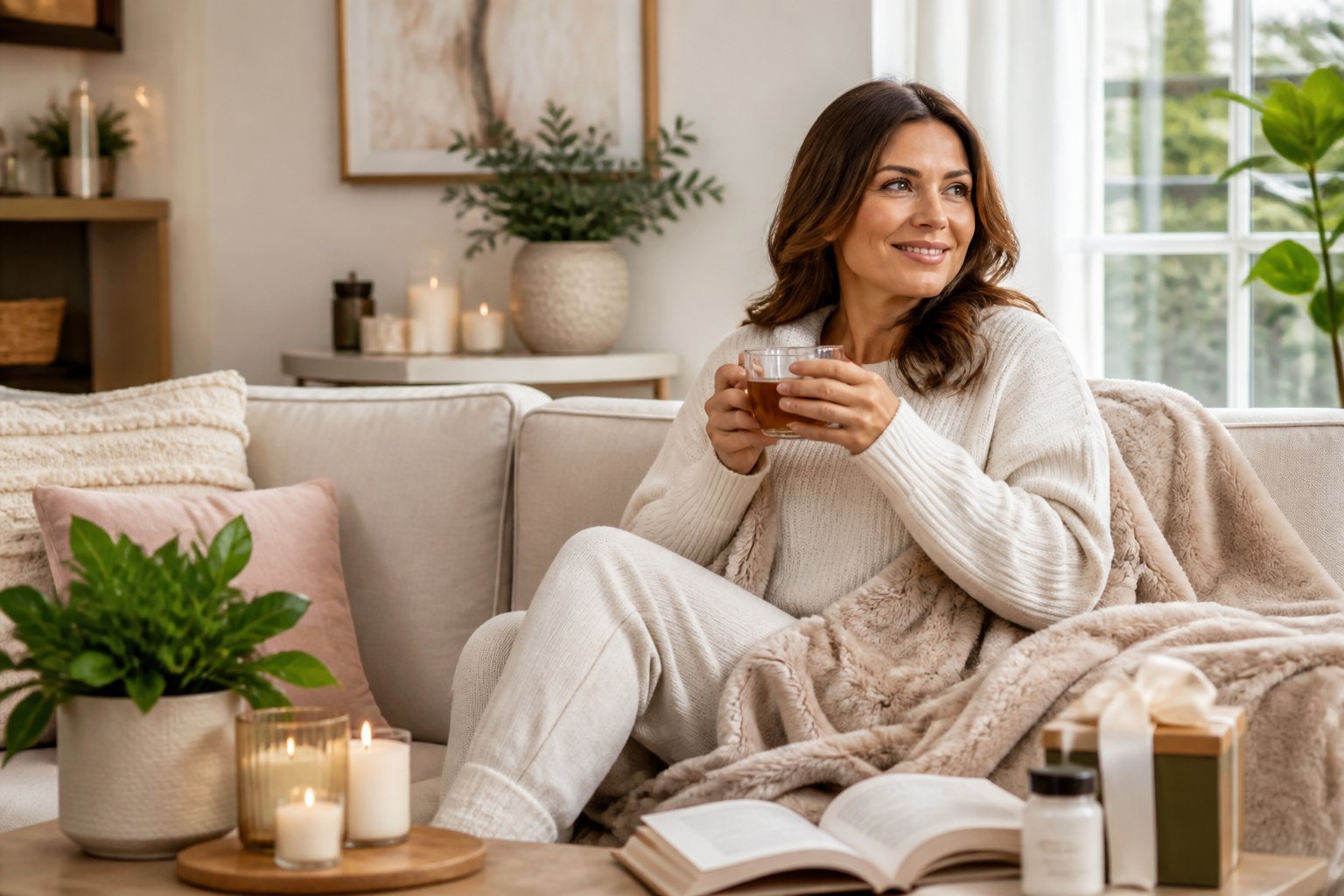 A woman relaxing on a sofa at home surrounded by cozy gifts like candles, a blanket, tea, and a book.