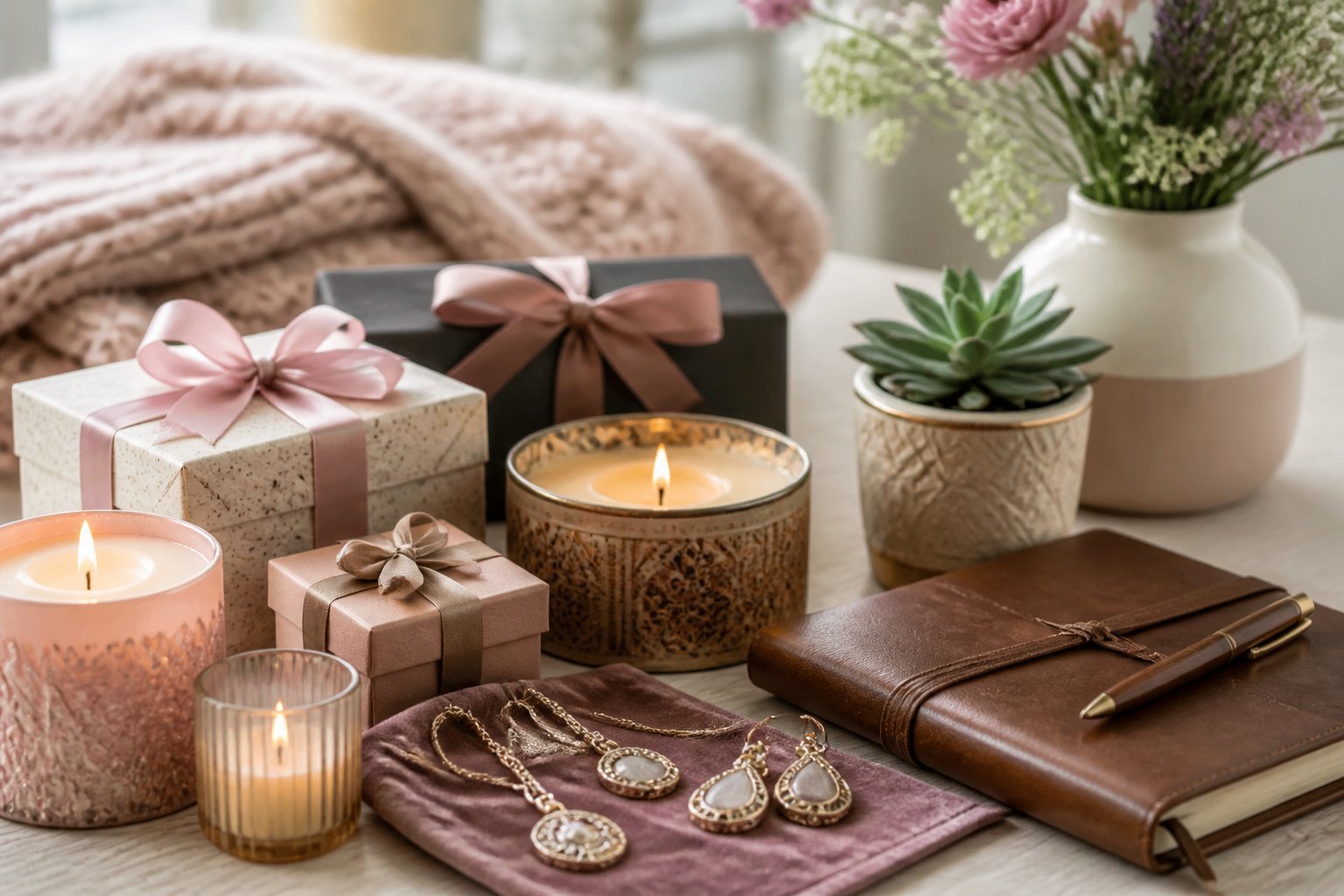A collection of beautifully wrapped gifts including candles, jewelry, a journal, and a potted plant arranged on a wooden table with soft natural lighting.
