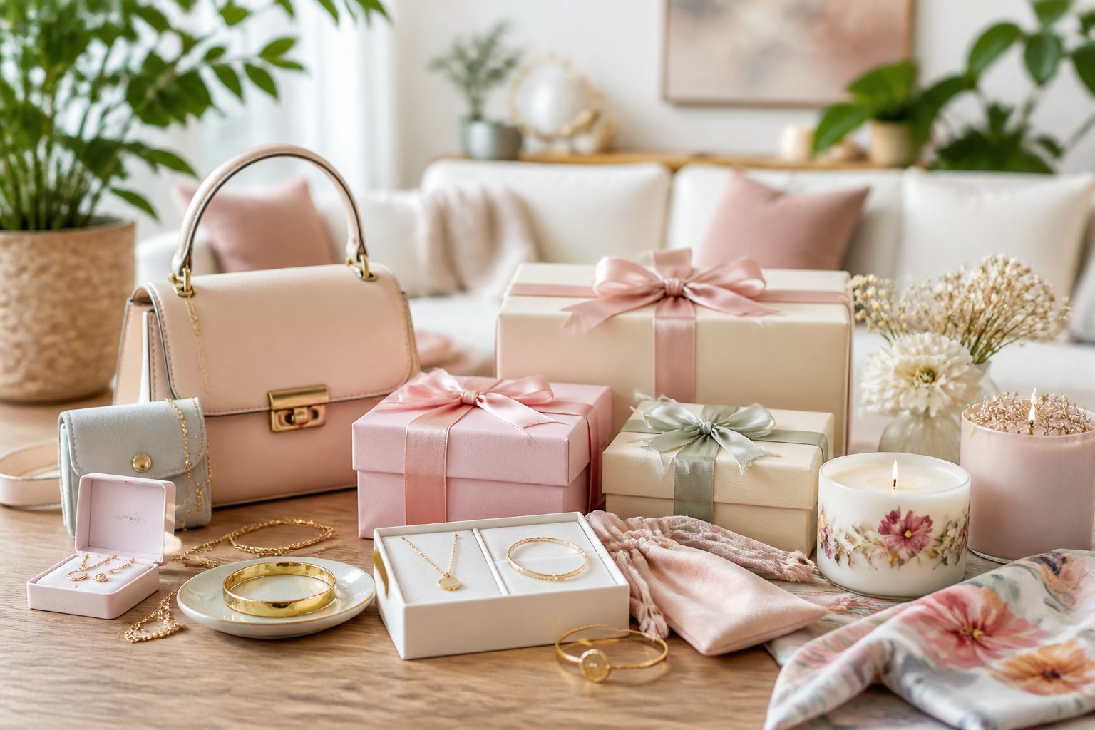 A collection of unique and charming gift items arranged on a wooden table in a cozy living space.