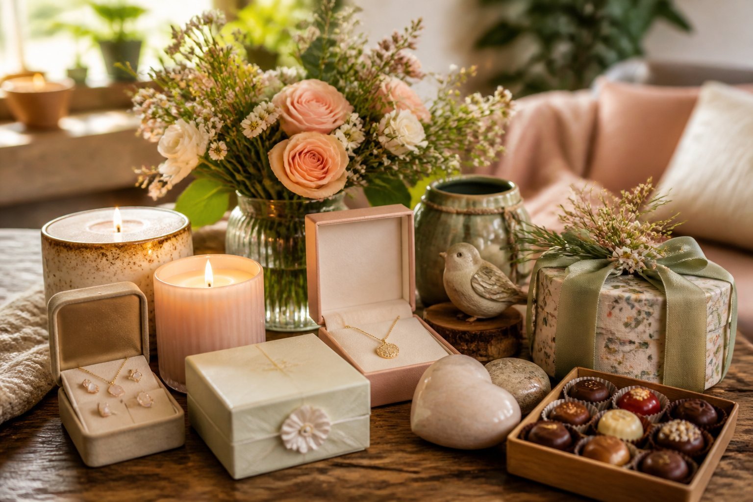 A table displaying a variety of unique and charming gift items including jewelry boxes, candles, flowers, keepsakes, and chocolates.