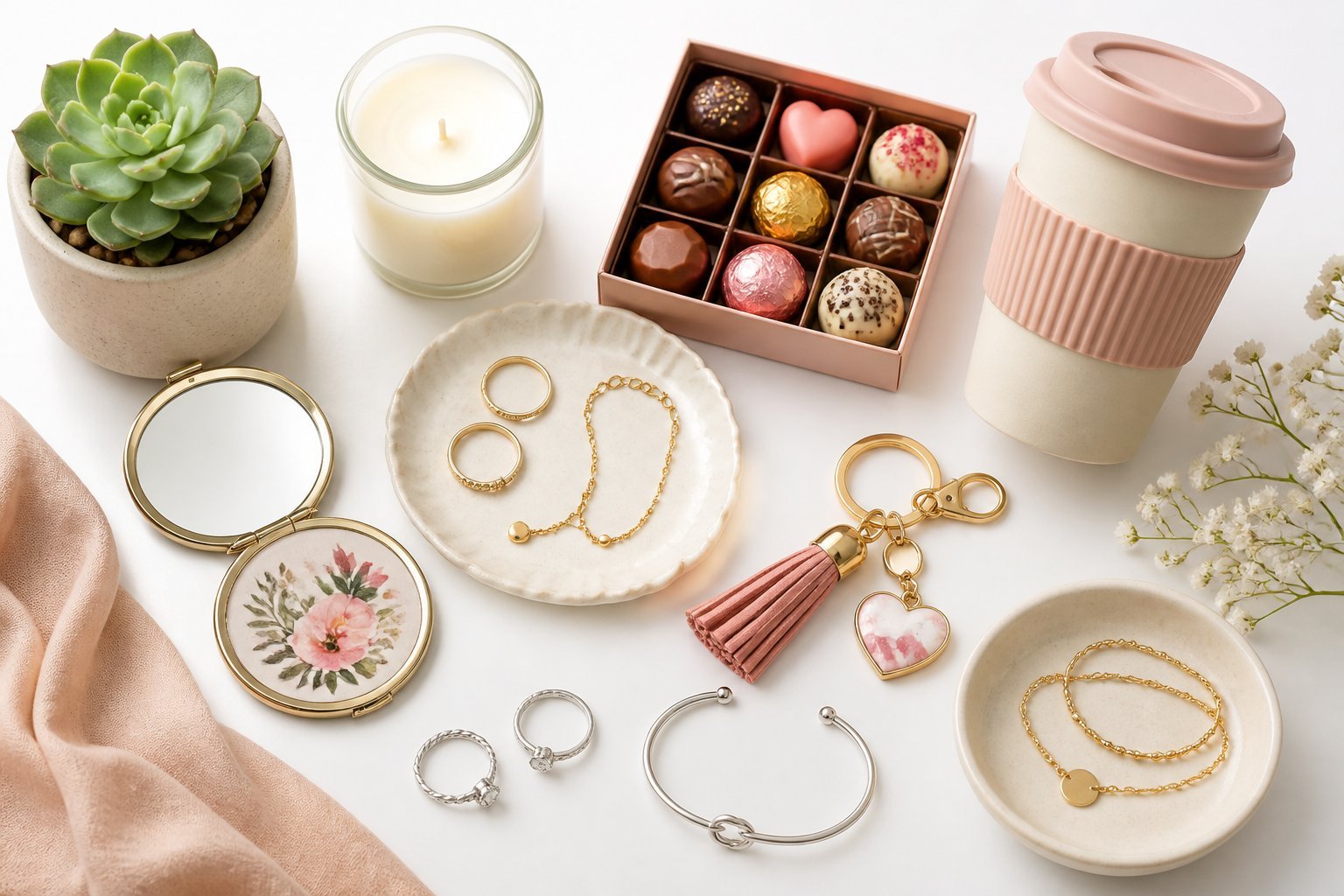 A flat lay of small gift items for women including jewelry, a candle, chocolates, a compact mirror, a keychain, a reusable cup, and a small potted plant on a white background.