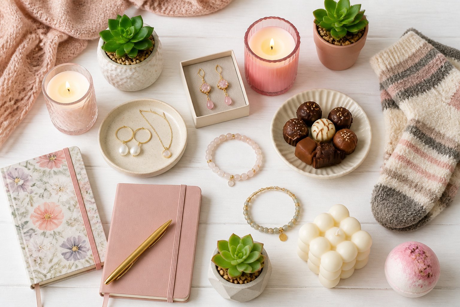 A collection of small gift items for women arranged on a white surface, including jewelry, candles, notebooks, socks, plants, and chocolates.