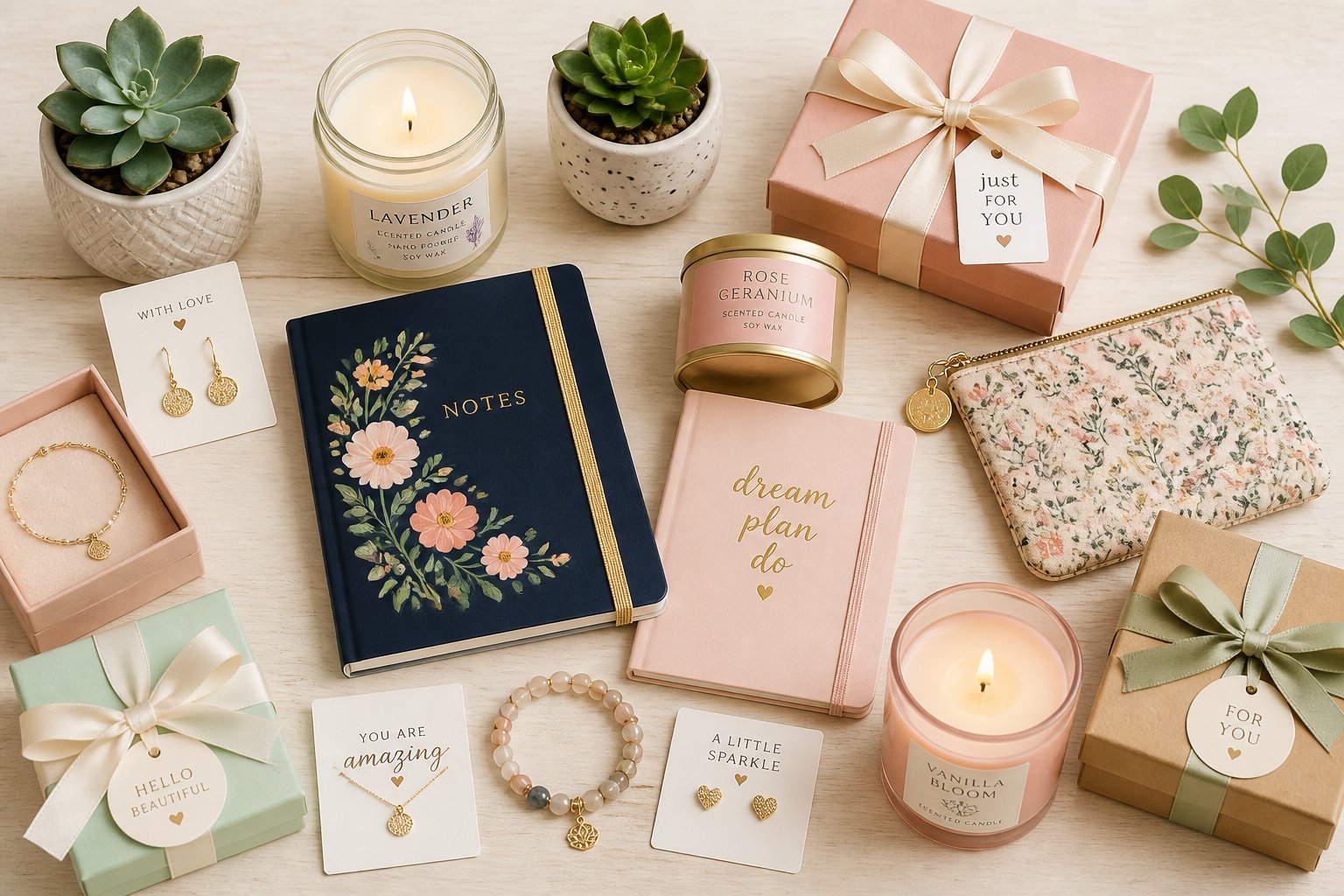 A flat lay of small gift items including jewelry, scented candles, notebooks, potted succulents, and wrapped gift boxes arranged on a wooden surface.