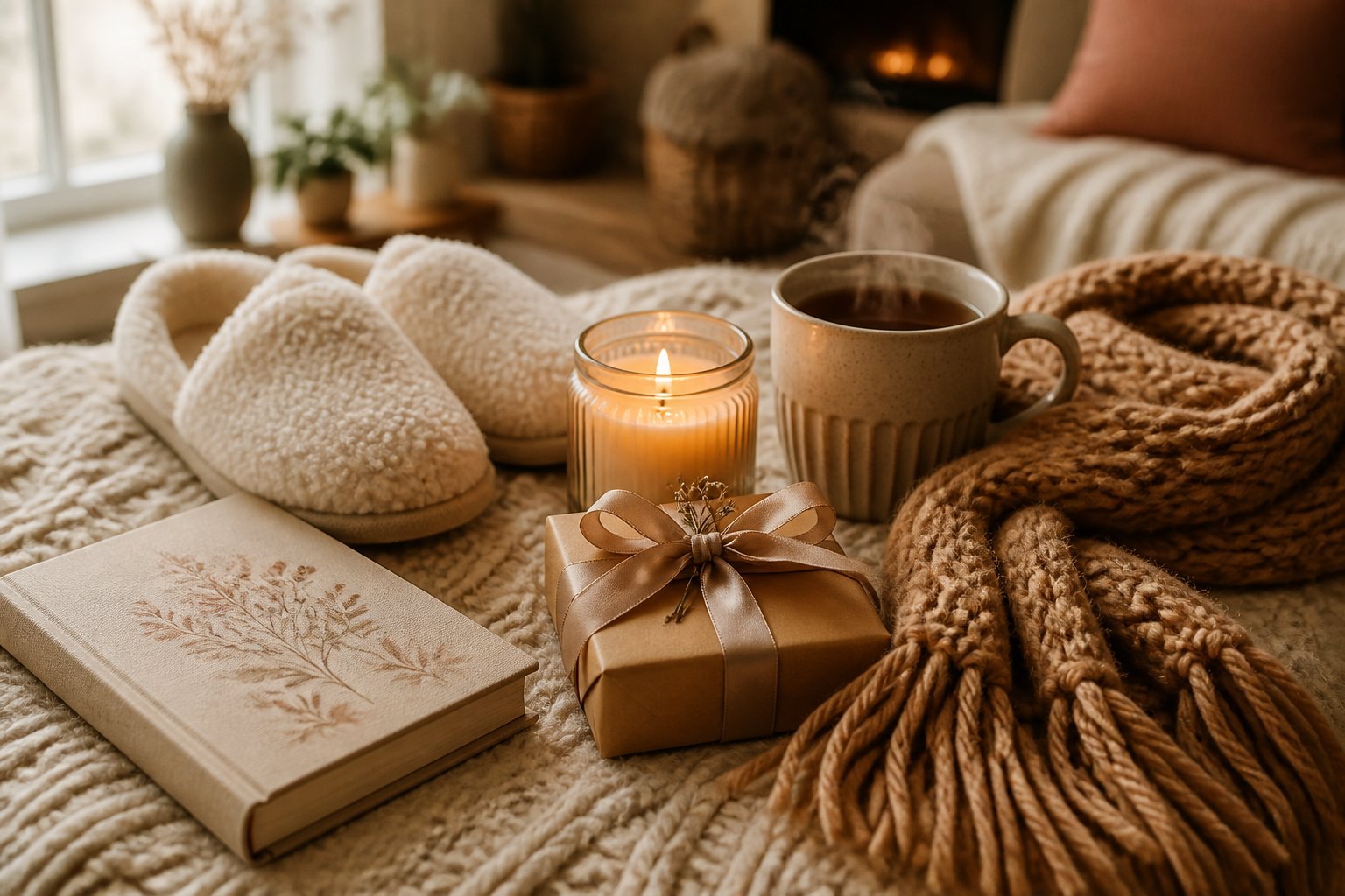 A cozy arrangement of slippers, a knitted scarf, a candle, a steaming mug, a wrapped gift box, and a book on a soft blanket.