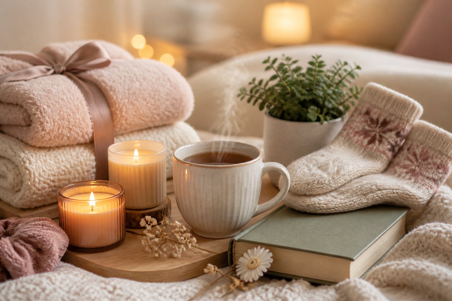 A collection of cozy gift items for women including blankets, candles, socks, a mug of tea, a plant, and a book arranged on a soft surface.