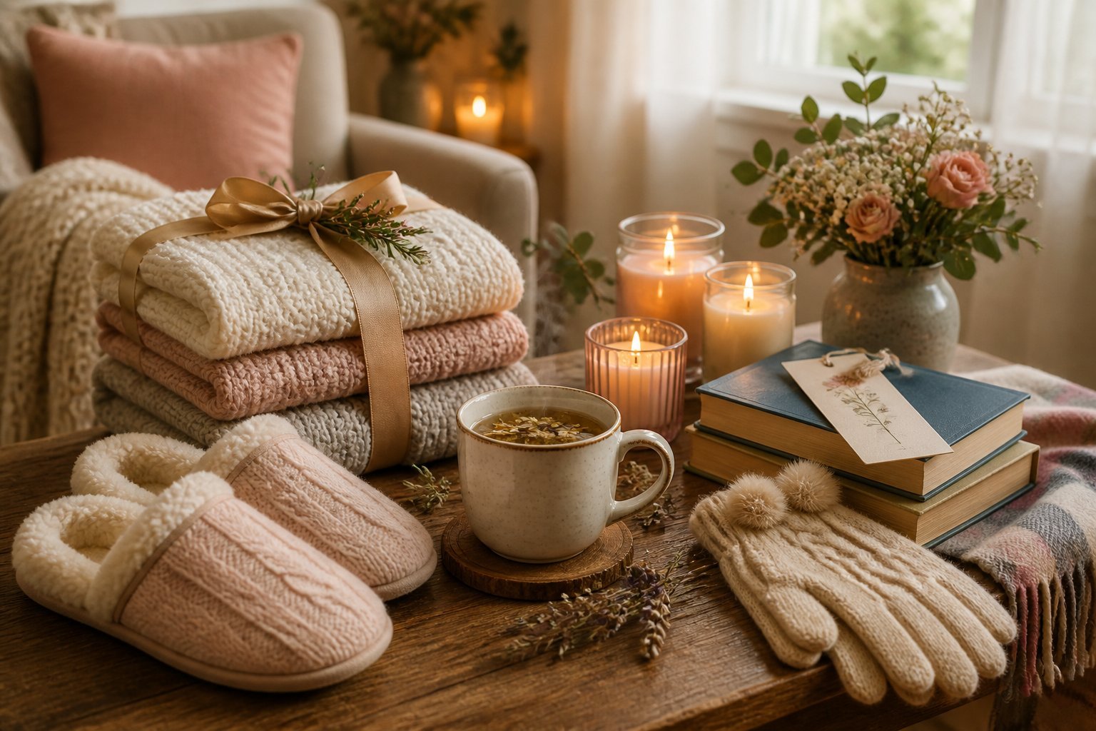 A cozy arrangement of blankets, slippers, candles, tea, books, and gloves on a wooden table in a comfortable living room.