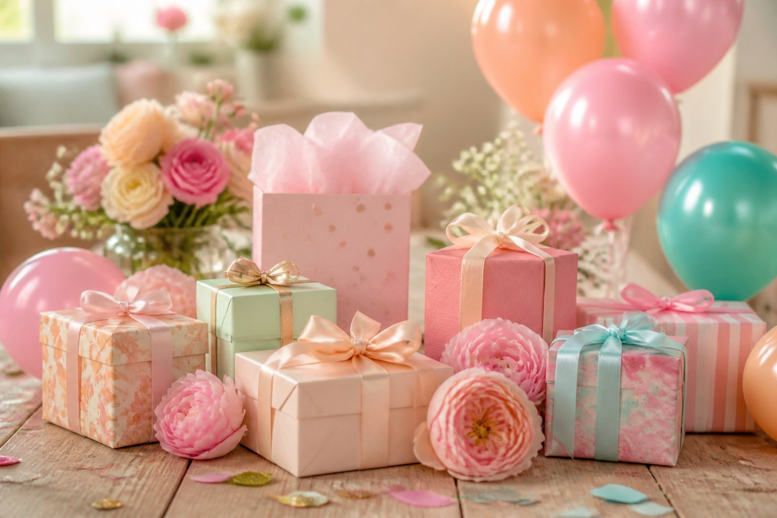 A table with several wrapped birthday gifts, balloons, confetti, and fresh flowers arranged for a birthday celebration.