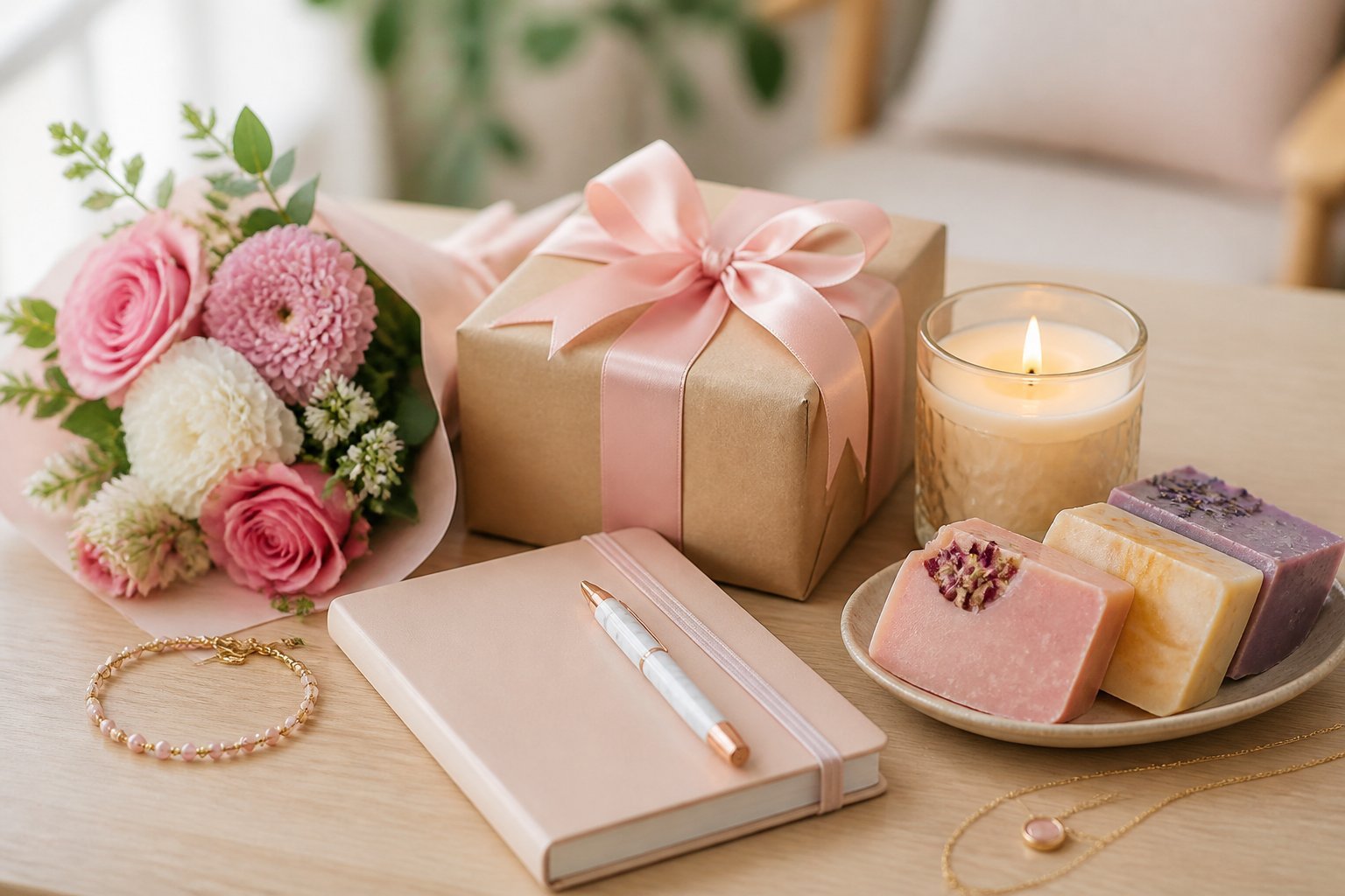 A collection of birthday gift items for women arranged on a wooden surface, including flowers, a wrapped box, a candle, soaps, a notebook, and jewelry.