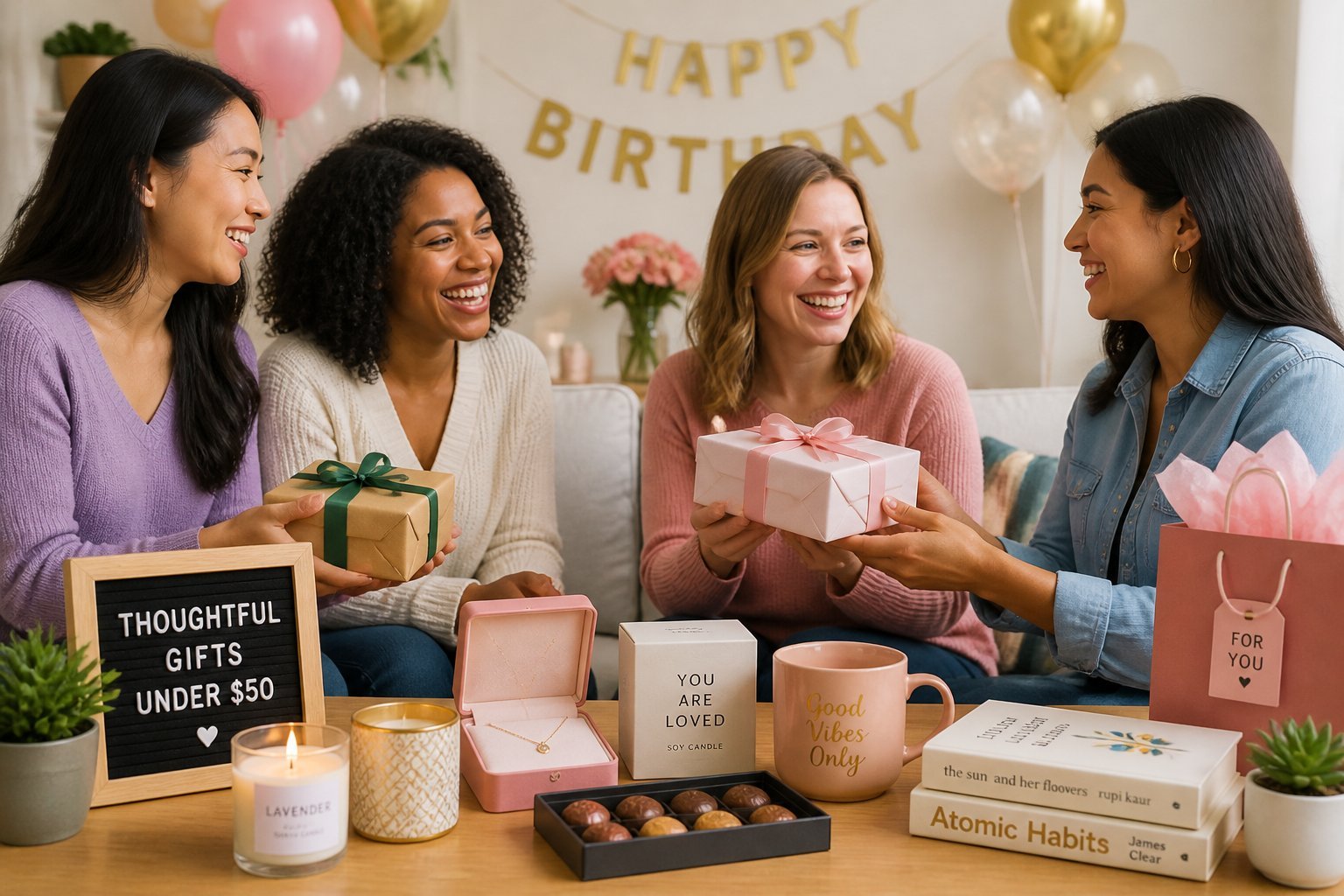 A group of women happily exchanging birthday gifts in a cozy living room with decorations and a table displaying affordable gift items.